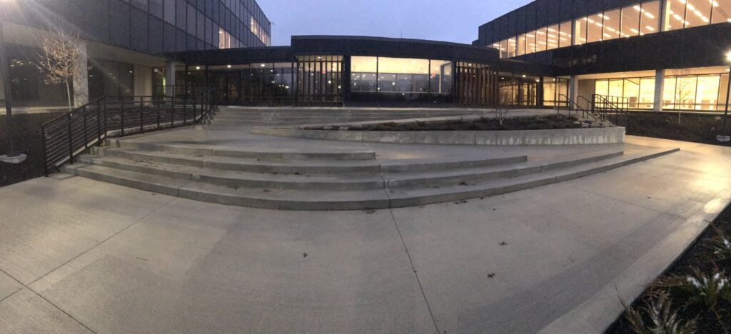 exterior business building with concrete steps
