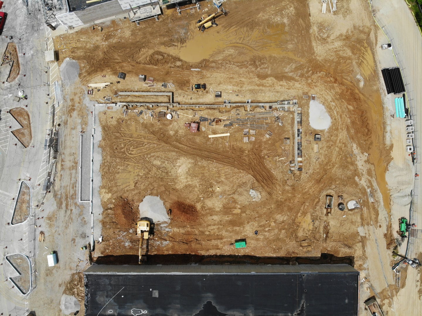 Top down view of early concrete foundation work